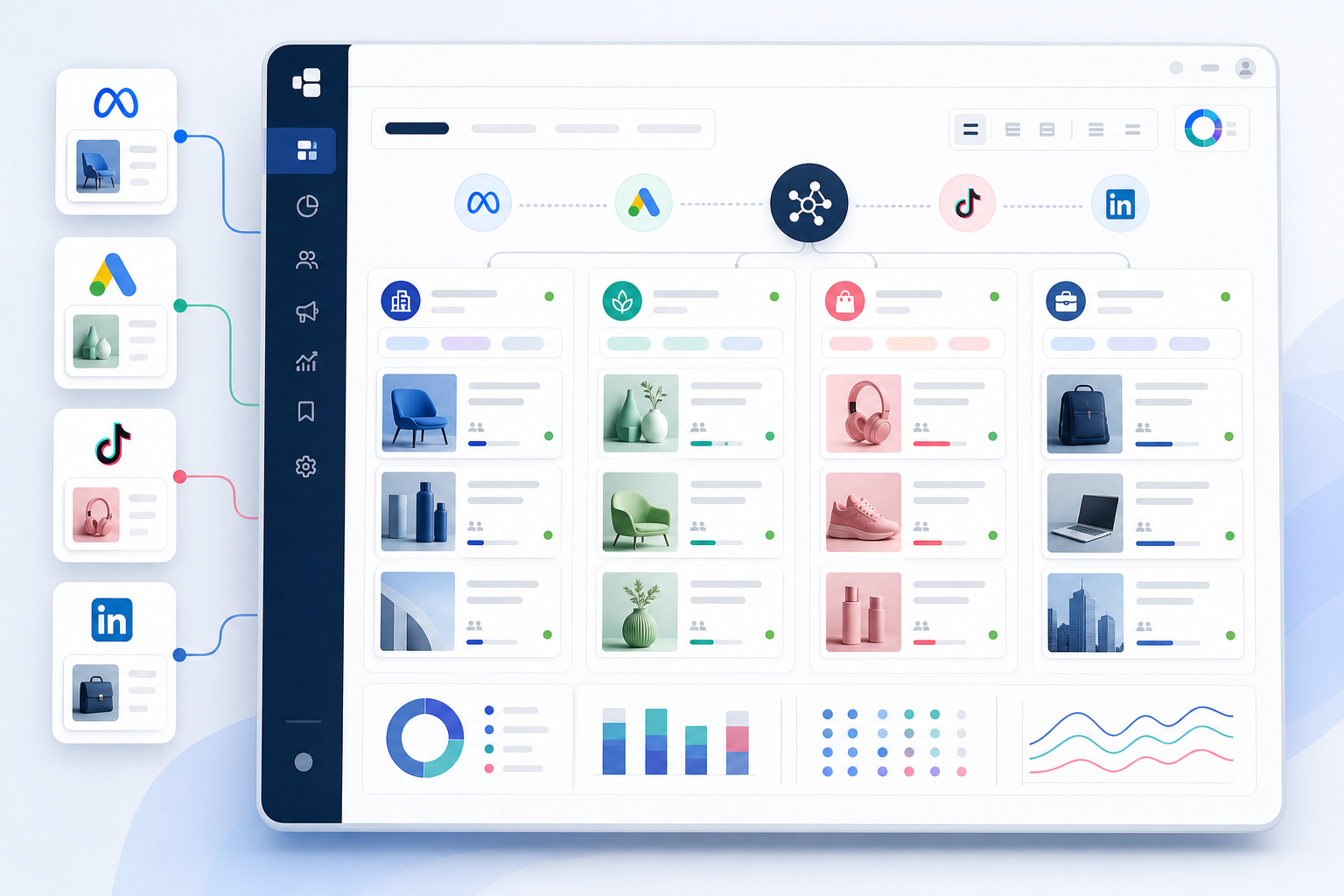 Illustration: A dashboard screenshot mockup showing a competitive intelligence tool automatically pulling in ad creatives and copy from multiple platforms (Meta, Google Ads, TikTok, LinkedIn) organised by competitor, clean SaaS UI style for How to Build a Messaging Map From Competitor Ad Copy