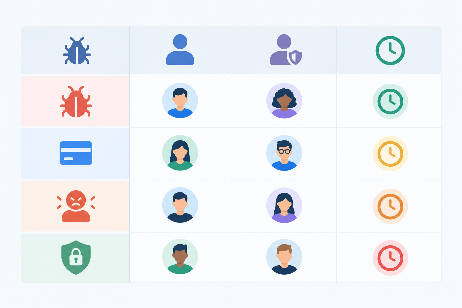Comparison: A simple comparison table graphic with columns for Issue Type, Owner, Backup and Response Target. Rows for Bug, Billing, Angry VIP and Security. Clean, minimal design with plenty of white space. for How to Build a Support Escalation Process for a Small Team