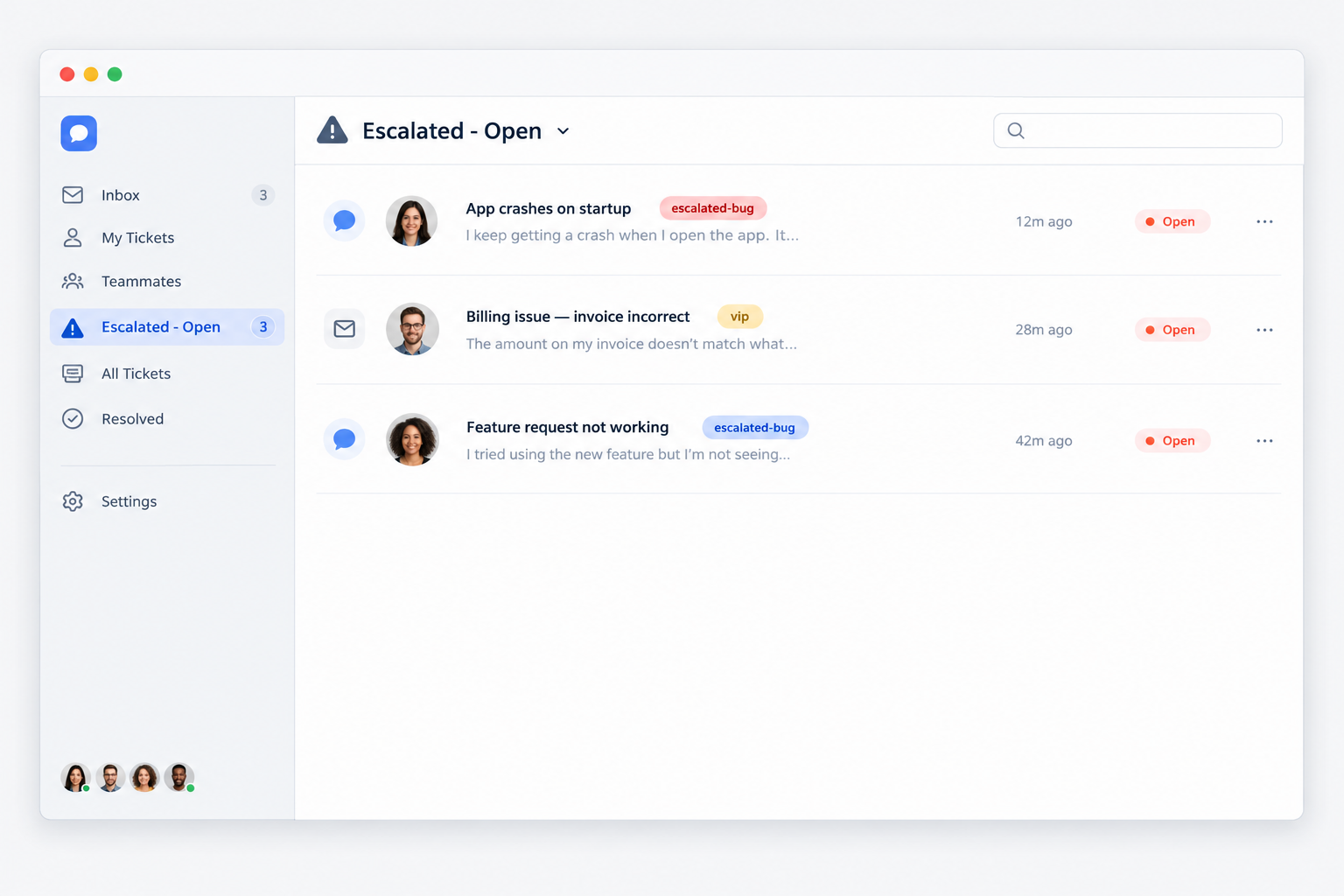 Illustration: A screenshot-style mockup of a shared inbox with a filtered view named 'Escalated - Open', showing three tickets with colored tags such as escalated-bug and vip, each assigned to a teammate avatar. Both live chat and email conversations are shown with small channel icons. for How to Build a Support Escalation Process for a Small Team