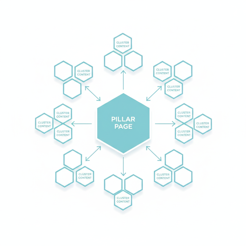 Infographic: Simple infographic showing the hub-and-spoke model of topic clusters with a central pillar page in the middle connected by arrows to 8-10 surrounding cluster content pieces, clean minimal design for How to Build Topic Clusters That Boost Domain Authority