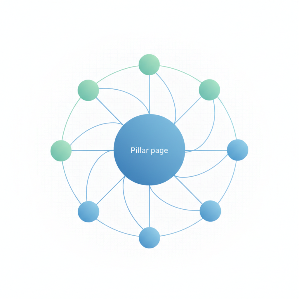 Diagram: A visual diagram showing interconnected content nodes forming a hub-and-spoke pattern, with a central pillar page connecting to multiple smaller cluster articles, using a clean modern style with blue and green tones suggesting growth and organization for How to Build Topic Clusters That Boost Domain Authority