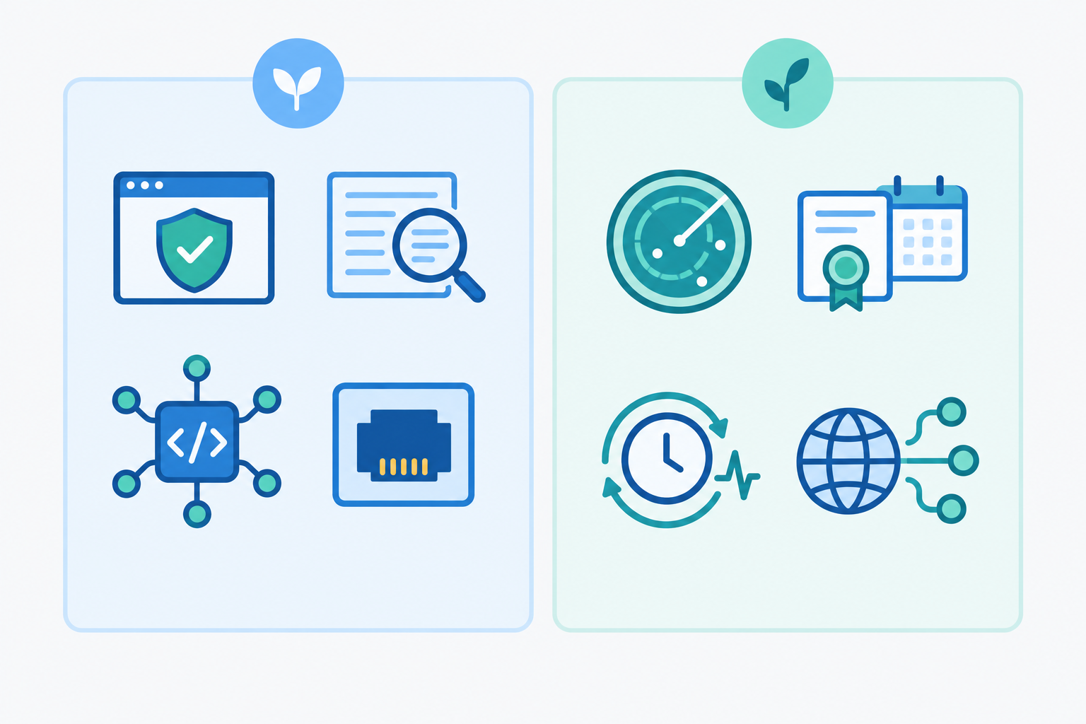 Infographic: Clean infographic showing eight monitor types (HTTP/S, keyword, API, port, ping, SSL and domain expiry, cron heartbeat, DNS change) as icons grouped into two columns labelled 'Day one' and 'Add later', soft blue and teal palette for How to Choose an Uptime Monitoring Tool for Your Startup