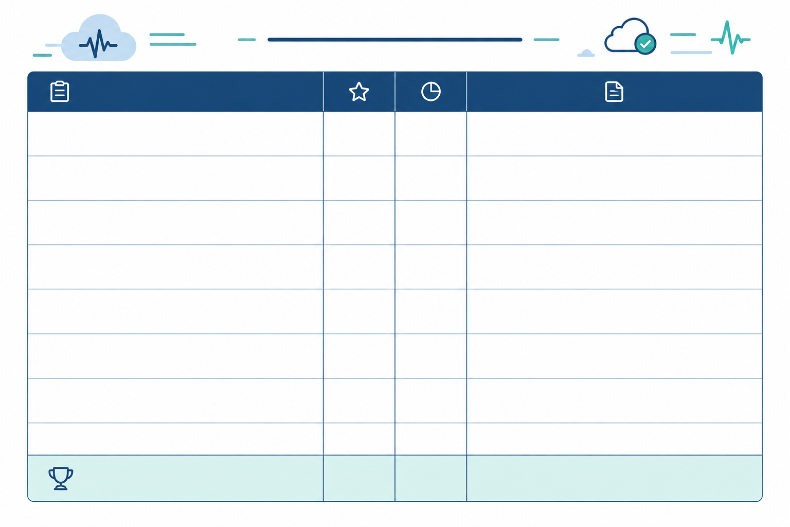Illustration: Printable scorecard template with rows for each criterion (monitor types, false-alarm protection, alert channels, interval, status page, setup time, pricing clarity, data export, trial terms), a 1 to 5 score column, a weight column and a total at the bottom for How to Choose an Uptime Monitoring Tool for Your Startup