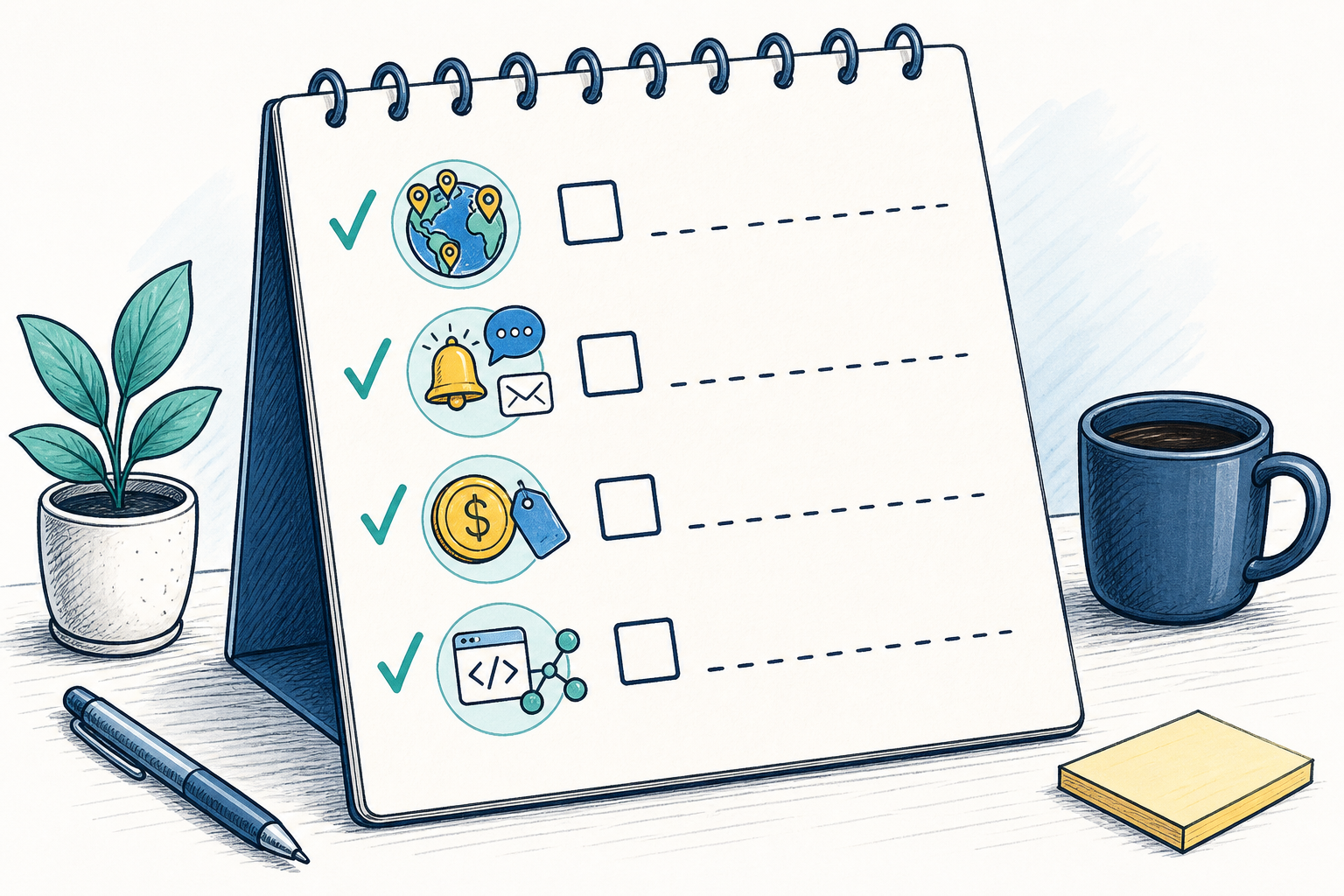 Illustration: A hand-drawn style checklist on a notepad with checkmarks next to items like 'multi-region checks', 'alert channels', 'pricing', 'API access'. Alt text: "Hand-drawn checklist illustration listing uptime monitoring evaluation criteria including alert channels, pricing, and API access. for How to Choose the Right Uptime Monitoring Tool for Startups