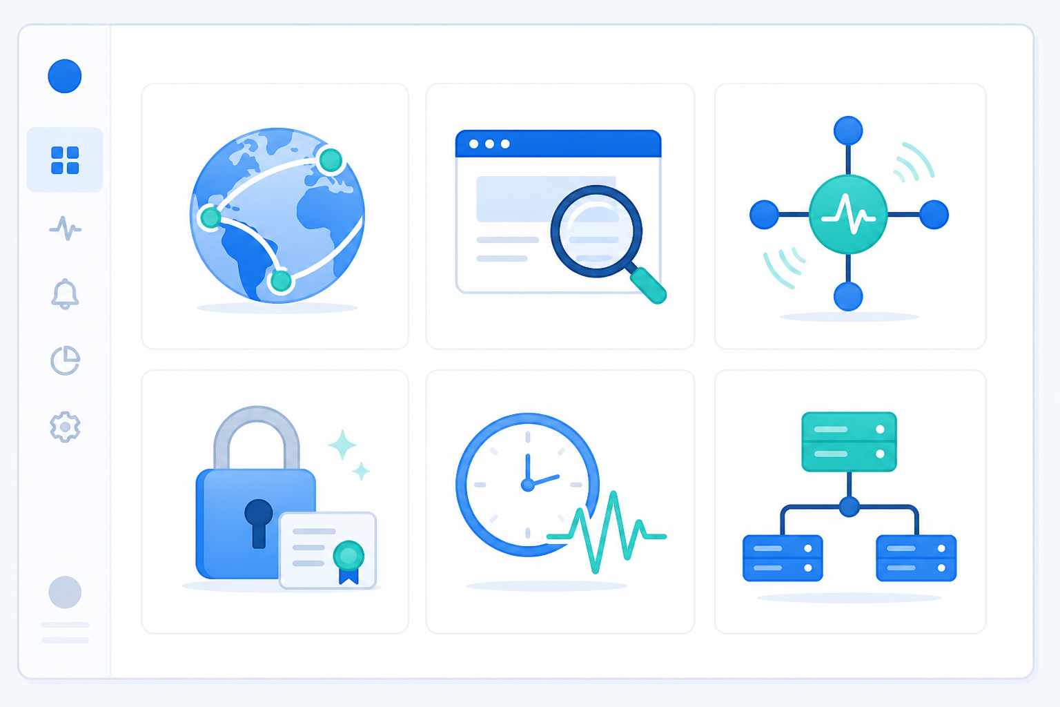 Illustration: Simple dashboard mockup showing six monitor type icons (HTTP, keyword, port/ping, SSL, cron/heartbeat, DNS) arranged in a clean grid, minimalist SaaS UI style. Alt text: "Dashboard mockup displaying icons for HTTP, keyword, port, SSL, cron, and DNS monitoring in a single grid layout. for How to Choose the Right Uptime Monitoring Tool for Startups