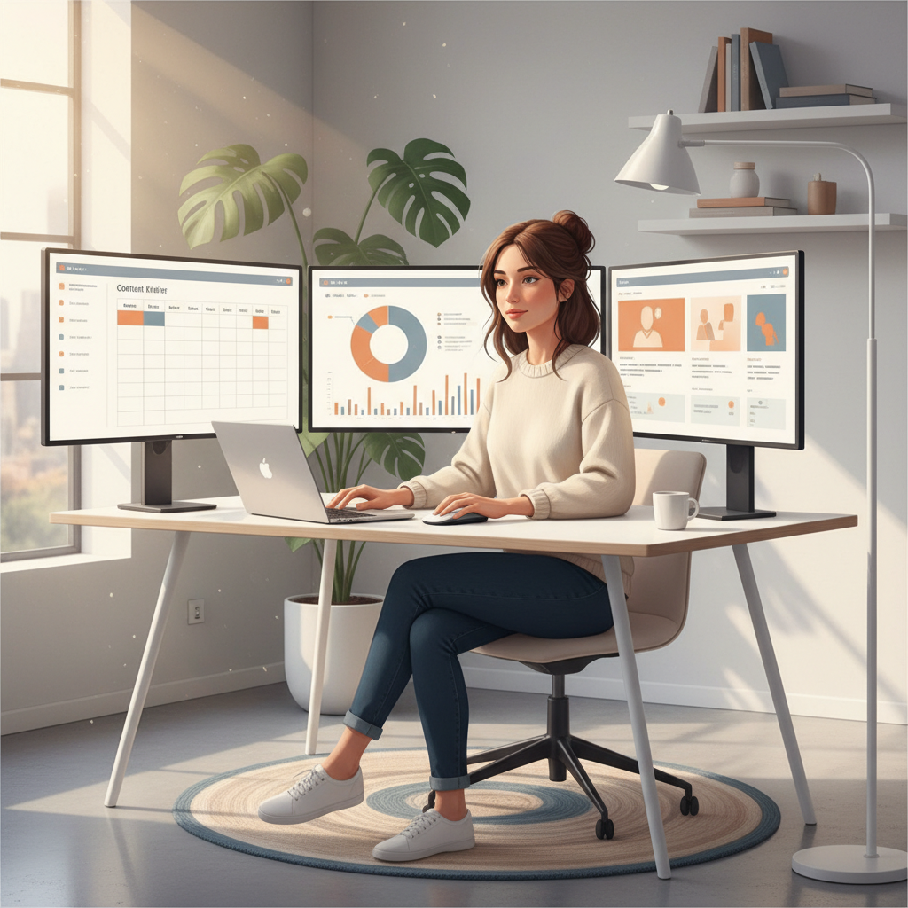 Illustration: A focused solopreneur working at a clean desk with multiple screens showing content analytics and blog posts, warm lighting, confident posture, modern minimalist office, illustration style with warm colors suggesting productivity without stress for How to Compete with Big Content Teams as a Solopreneur