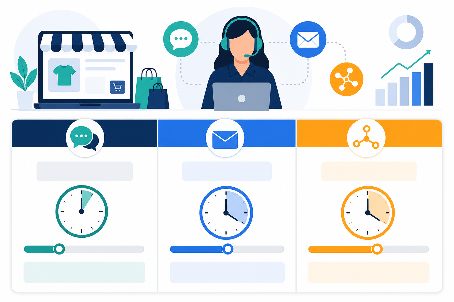 Comparison: A comparison table graphic showing benchmark response times for live chat versus email versus social media support channels for e-commerce brands for How to Cut E-commerce Response Times Without Hiring More Agents