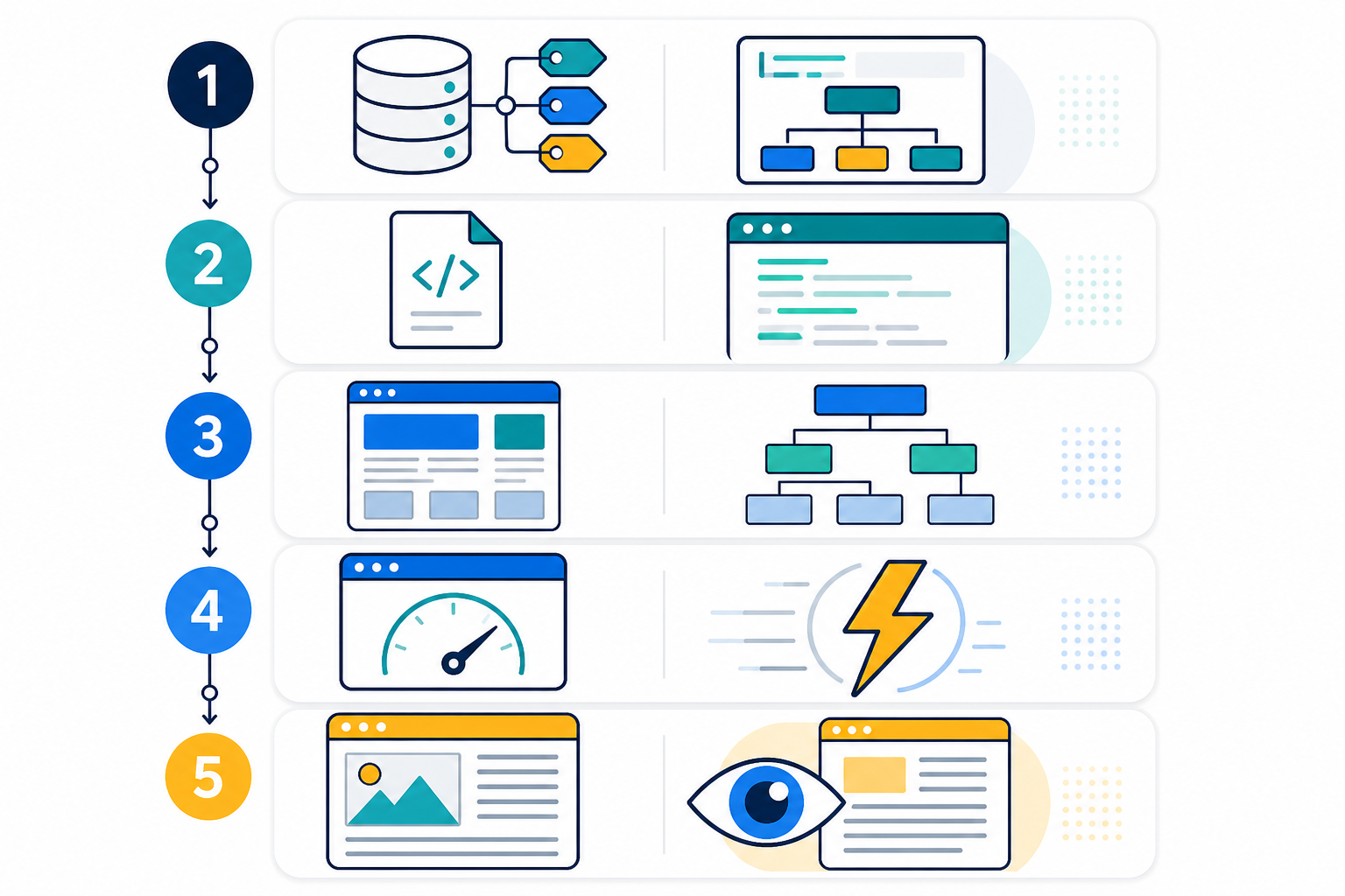 Diagram: A checklist-style infographic showing key technical fixes for AI crawlability: schema markup, llms.txt, semantic HTML, page speed, and legibility audit, arranged as a simple numbered diagram with icons. for How to Get Cited by ChatGPT, Claude, and Perplexity