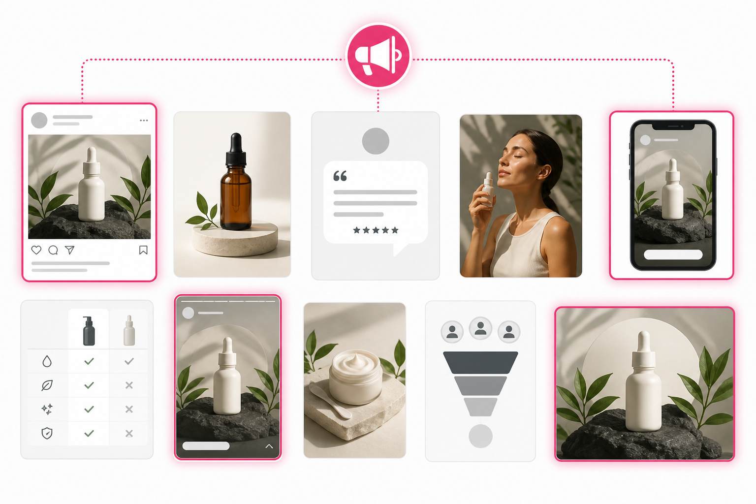 Illustration: A grid layout of 8-10 small ad creative thumbnails with 4 of them highlighted in a bright border colour to show repetition of the same messaging theme across different formats, clean flat design for How to Identify a Competitor's Best-Performing Ad Angle