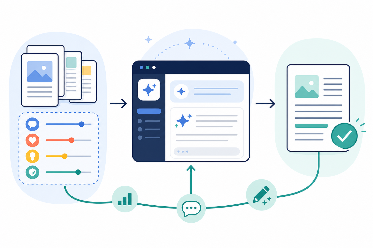 Chart: A simple flowchart diagram showing the process of feeding sample content and tone descriptors into an AI writing tool, then receiving refined on-brand output through a feedback loop, clean flat design style for How to Keep Your Brand Voice Consistent With AI Writing
