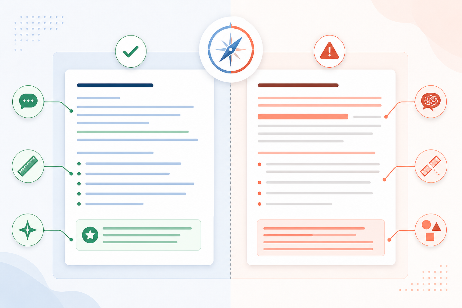 Comparison: A side-by-side comparison graphic showing an example of on-brand copy versus off-brand copy, with annotations highlighting tone, sentence length, and vocabulary differences for How to Keep Your Brand Voice Consistent With AI Writing