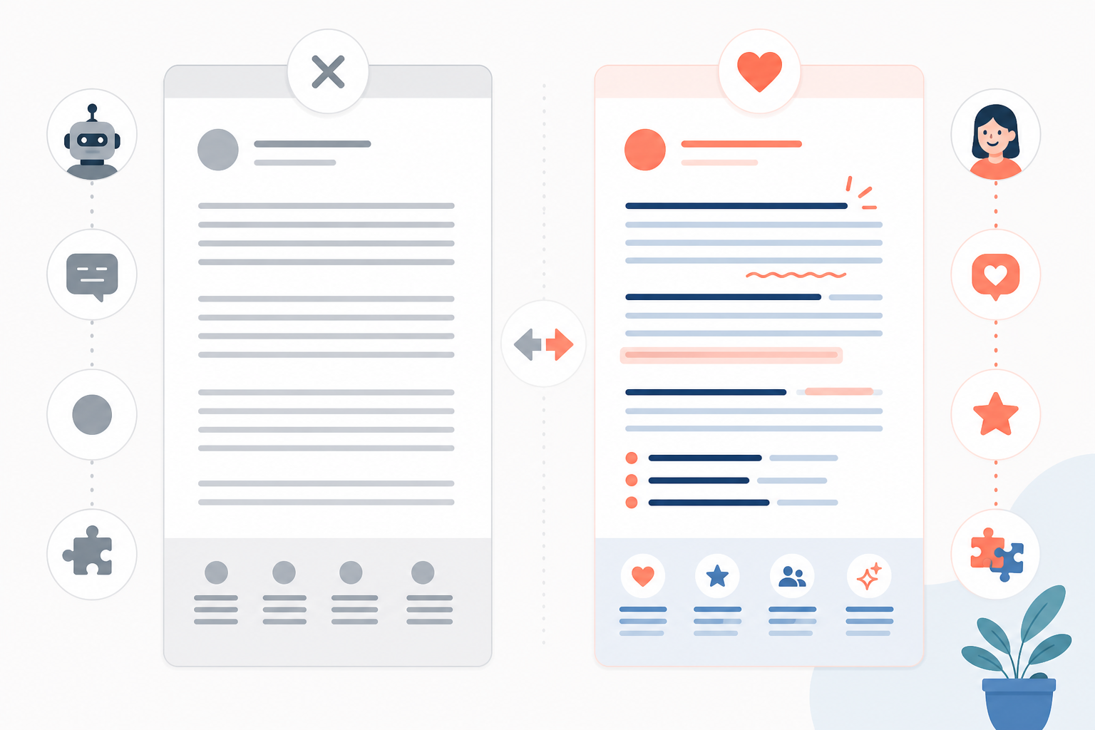 Comparison: Side-by-side comparison graphic showing a generic AI-generated paragraph versus a brand-voice-matched paragraph, highlighting differences in word choice and tone for How to Keep Your Brand Voice Strong With AI Writing Tools
