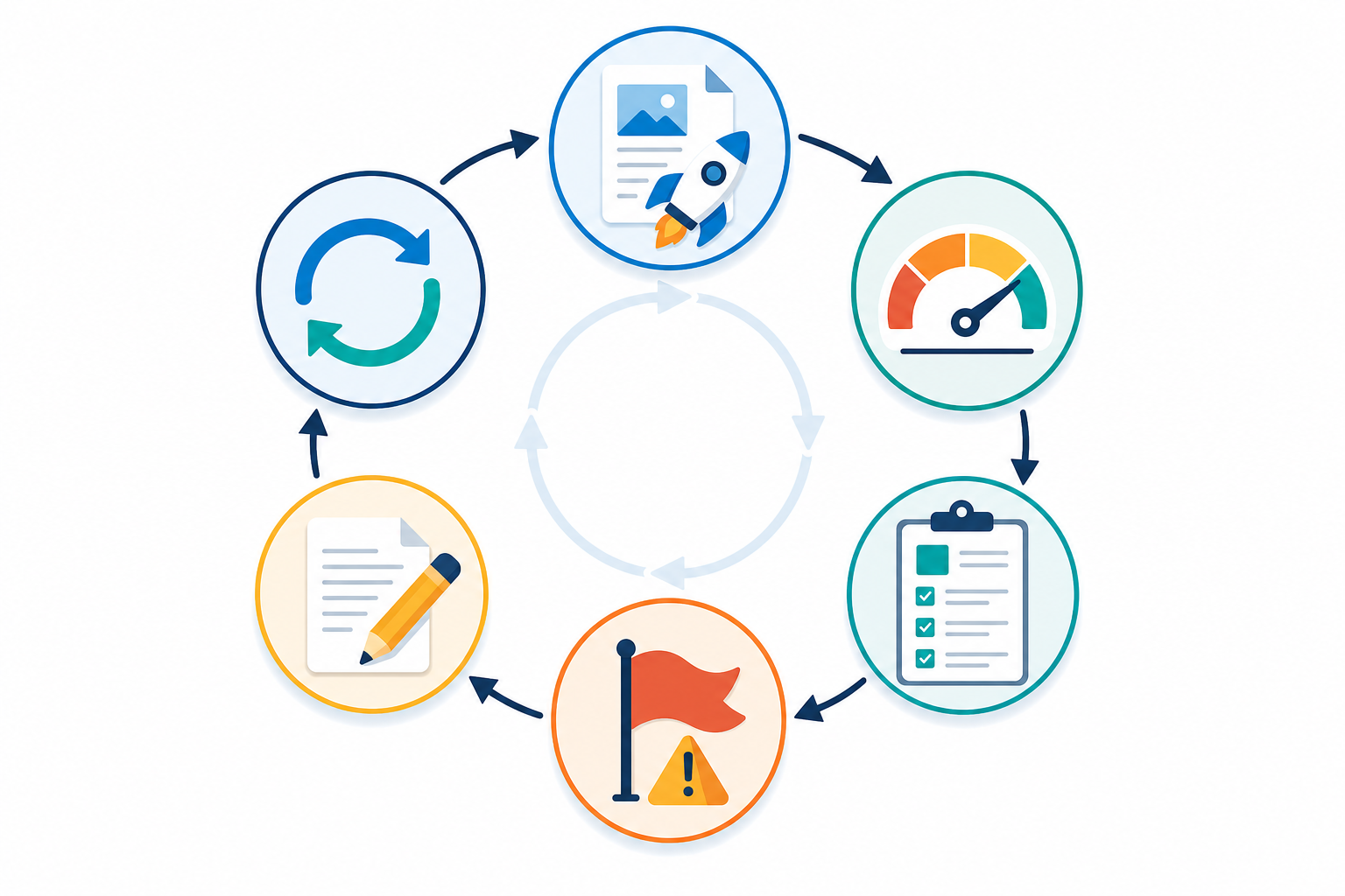 Chart: Flowchart diagram showing a content review cycle: publish, score, compare against voice guide, flag drift, update guide, repeat for How to Keep Your Brand Voice Strong With AI Writing Tools