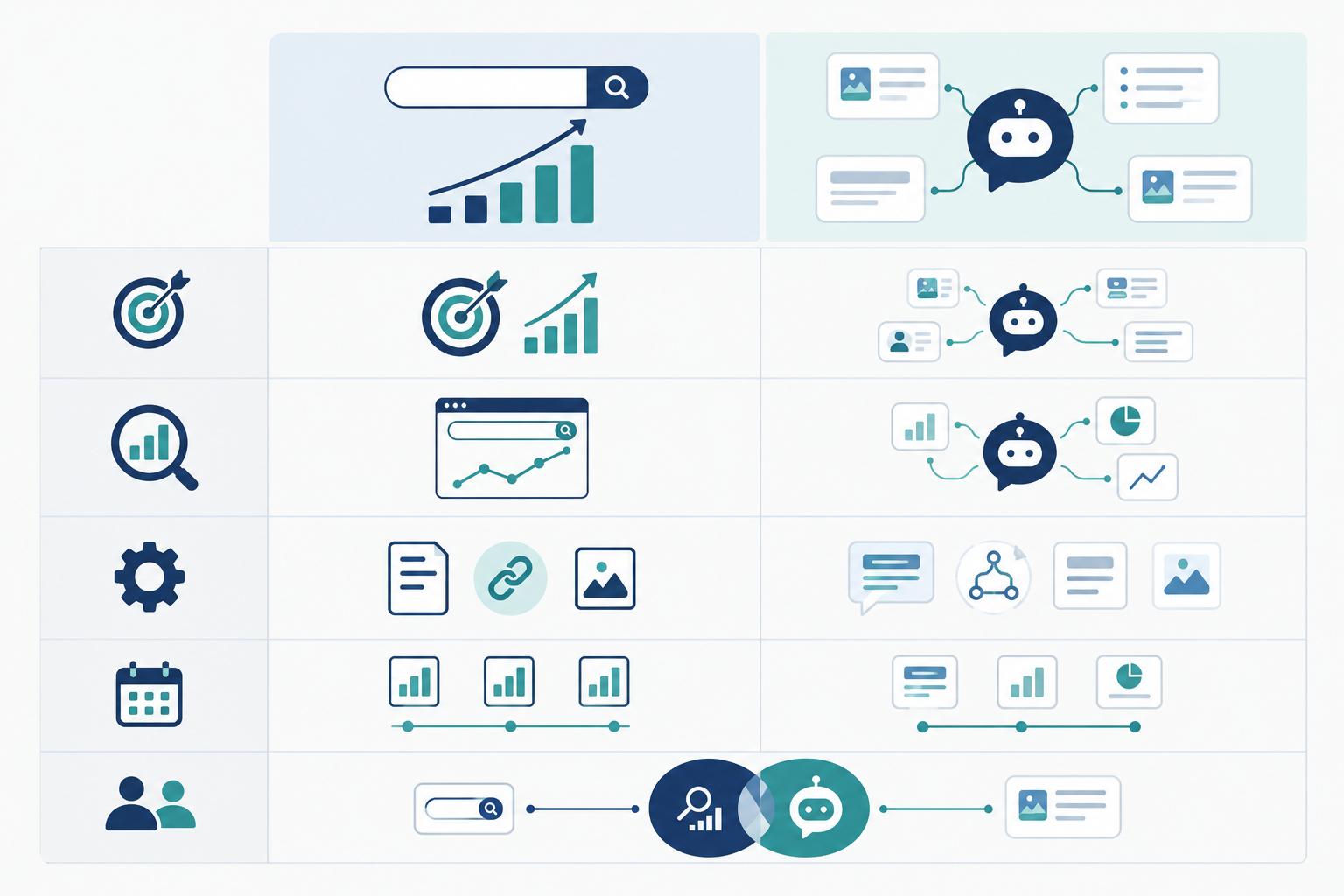 Comparison: Comparison table graphic with columns for Traditional SEO and Generative Engine Optimization and rows for goal, key metric, deliverables, reporting cadence and overlap areas for How to Pitch AI Visibility Monitoring as a New Client Service