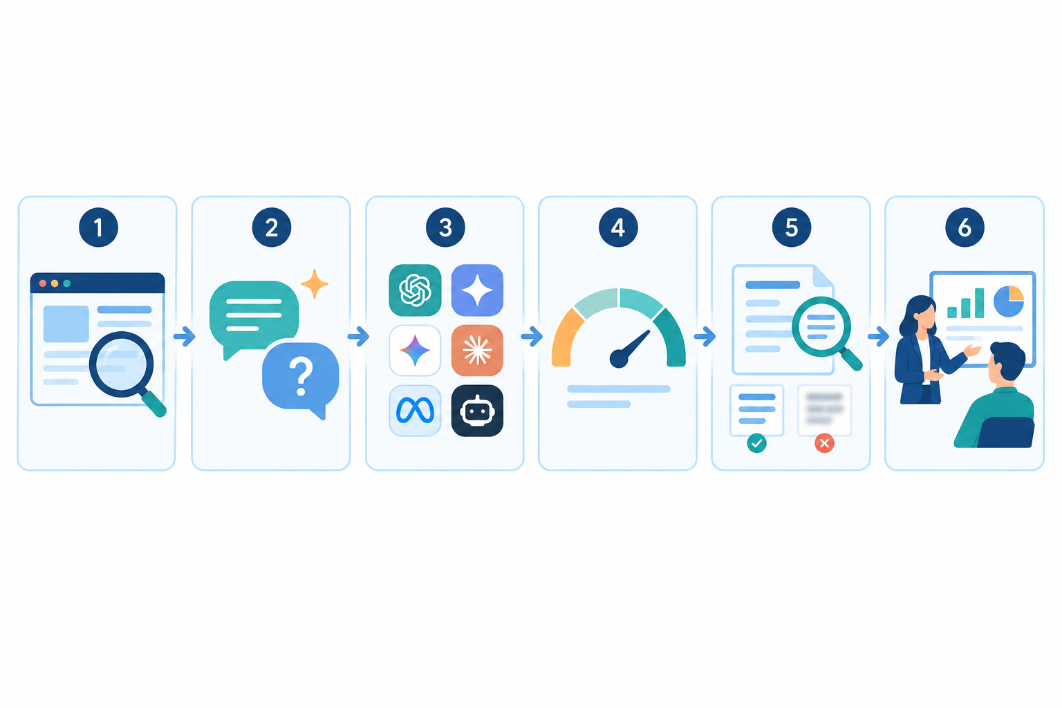 Chart: Six-step horizontal flowchart of the free audit process: crawl site, generate questions, run across AI platforms, score visibility 0-100, legibility check, client presentation for How to Pitch AI Visibility Monitoring as a New Client Service