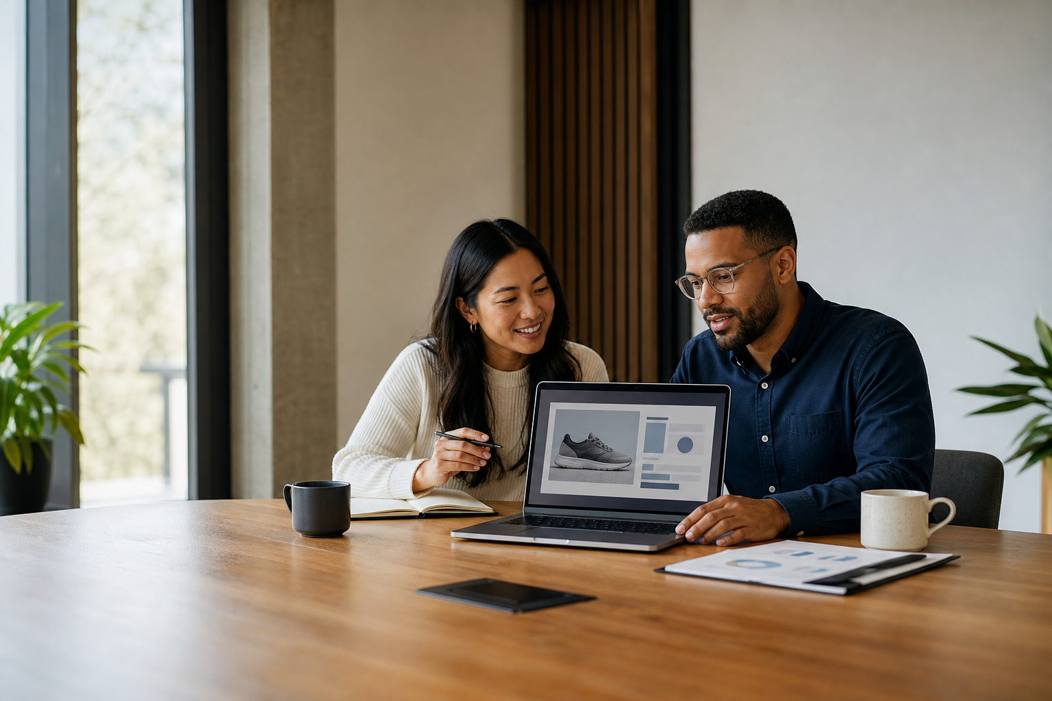 Illustration: A friendly agency account manager and client reviewing a laptop screen together during a QBR, with a competitor ad screenshot visible on the display, warm natural lighting, editorial photography style for How to Pitch Competitive Ad Intelligence to Agency Clients