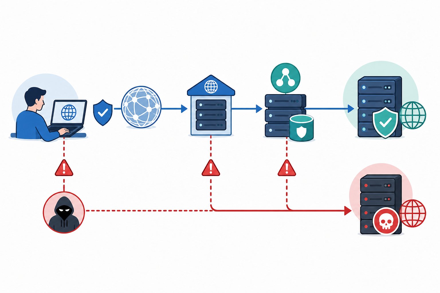 Diagram: A simple flow diagram showing the path from user request to DNS resolver to hijacked server, with icons showing where attackers can intercept (registrar, resolver cache, local device) for How to Prevent DNS Hijacking with Real-Time Monitoring