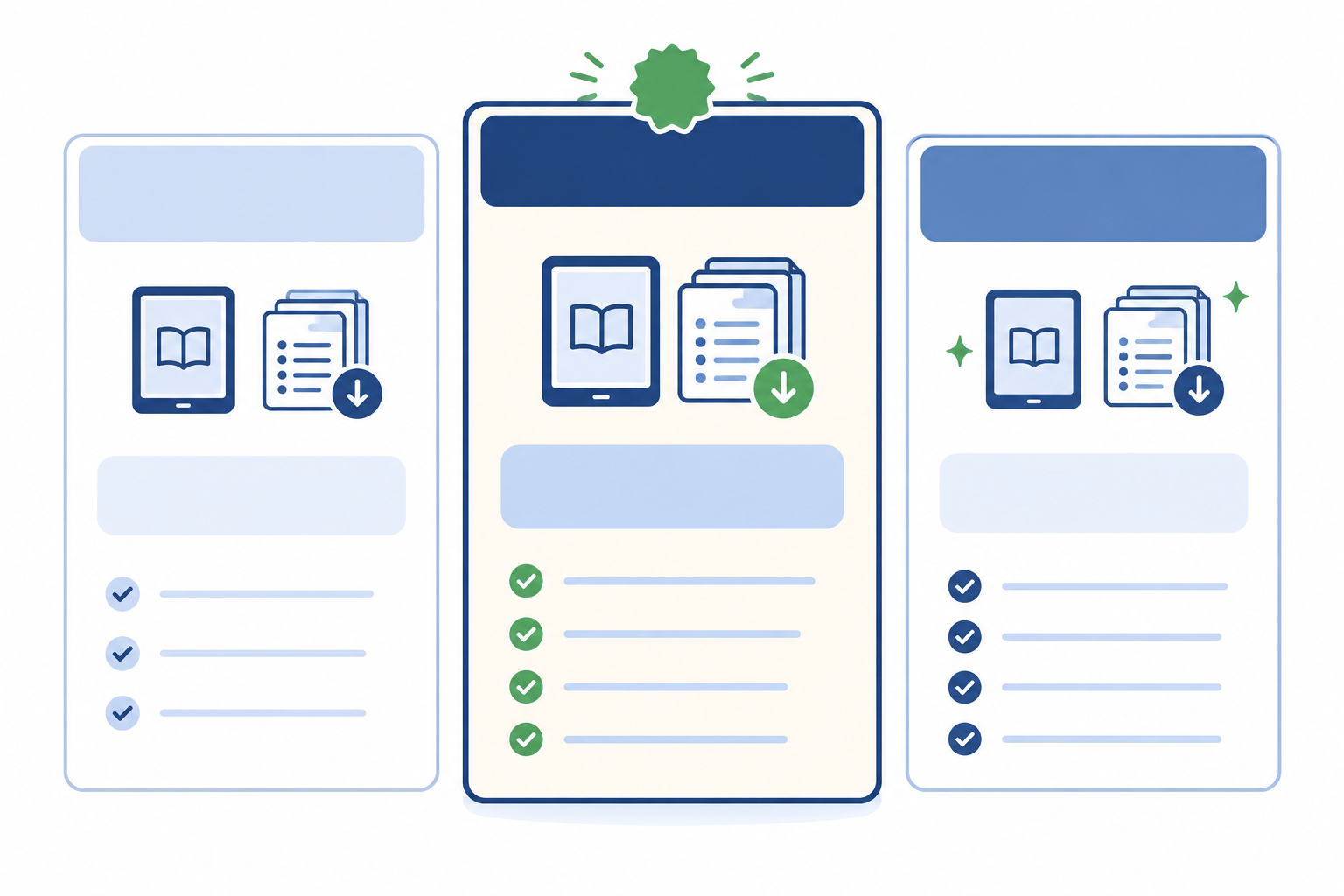 Illustration: Three-column pricing tier graphic for Basic, Plus and Pro options of an ebook and template bundle, with the middle tier highlighted as most popular, simple icons for How to Price Your Digital Downloads for Maximum Sales