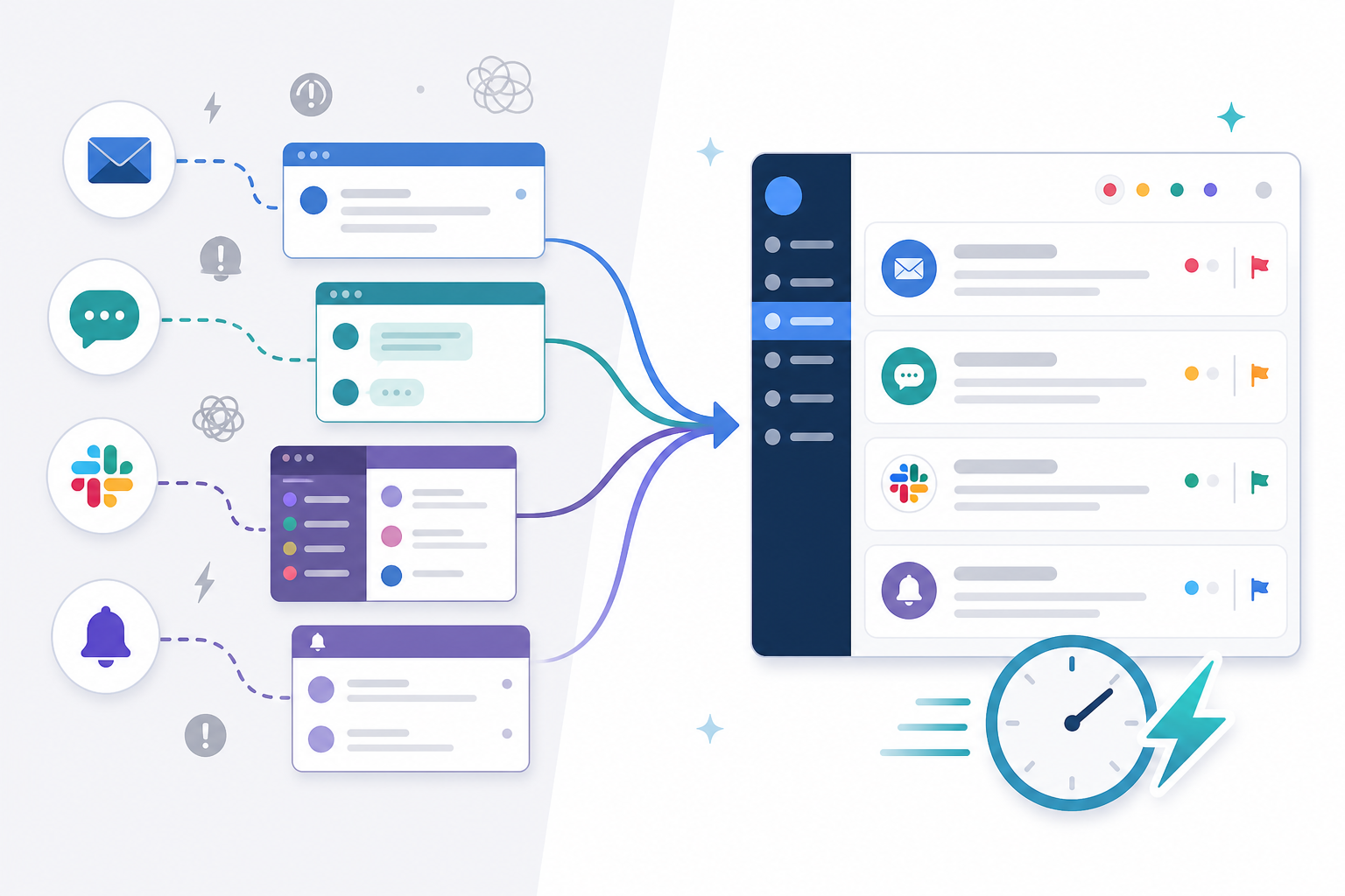 Diagram: Before-and-after style diagram showing scattered communication channels (email, chat, Slack) on one side merging into a single unified shared inbox interface on the other side, clean flat illustration style for How to Reduce Response Times Without Adding Headcount
