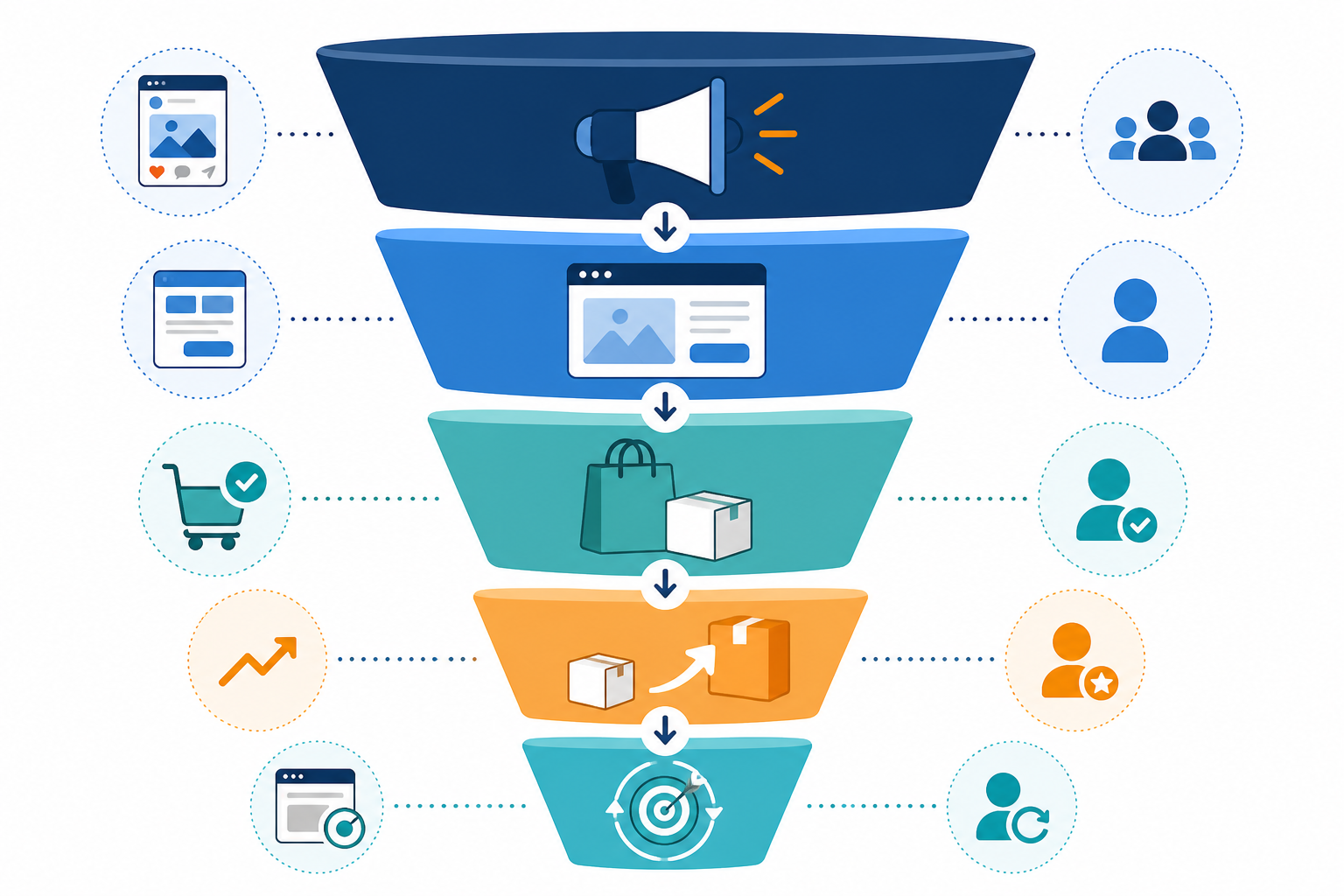 Diagram: A simple flat-style diagram showing a funnel shape with labeled stages: Awareness Ad, Landing Page, Core Offer, Upsell, Retargeting. Alt text: "Funnel diagram showing awareness ad through to retargeting stage. for How to Reverse-Engineer a Competitor's Ad Funnel