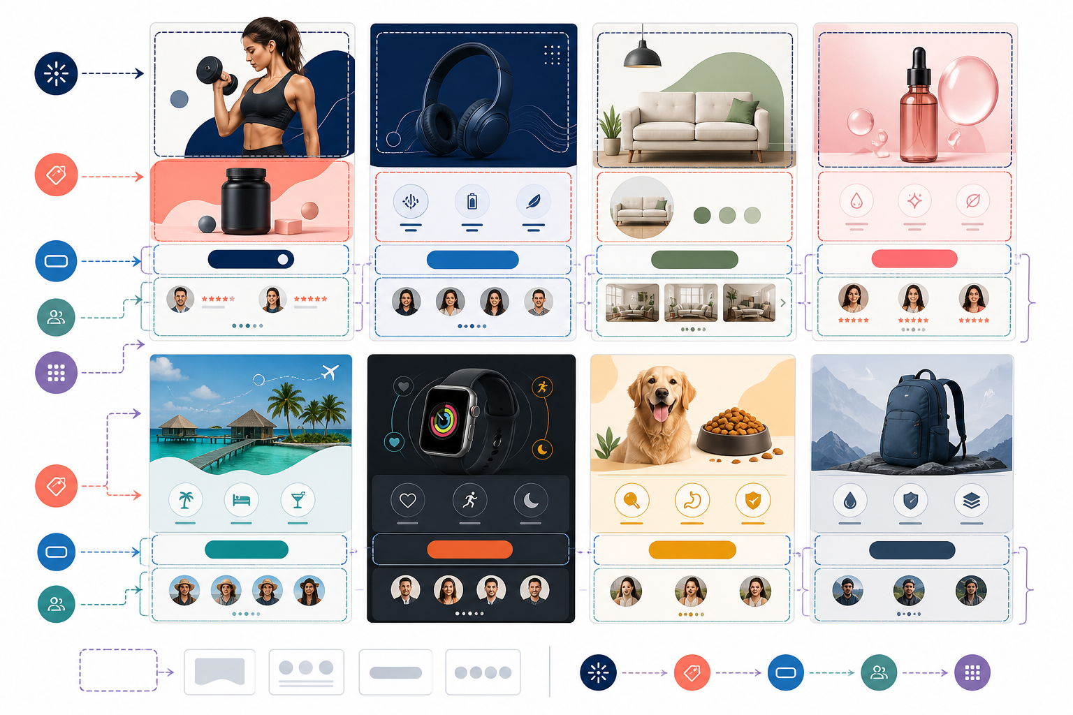 Comparison: A grid layout showing multiple competitor ad creatives side by side with annotated callouts highlighting hooks, CTAs, and repeated visual elements. Alt text: "Side-by-side comparison of competitor ad creatives with hooks and CTAs annotated. for How to Reverse-Engineer a Competitor's Ad Funnel