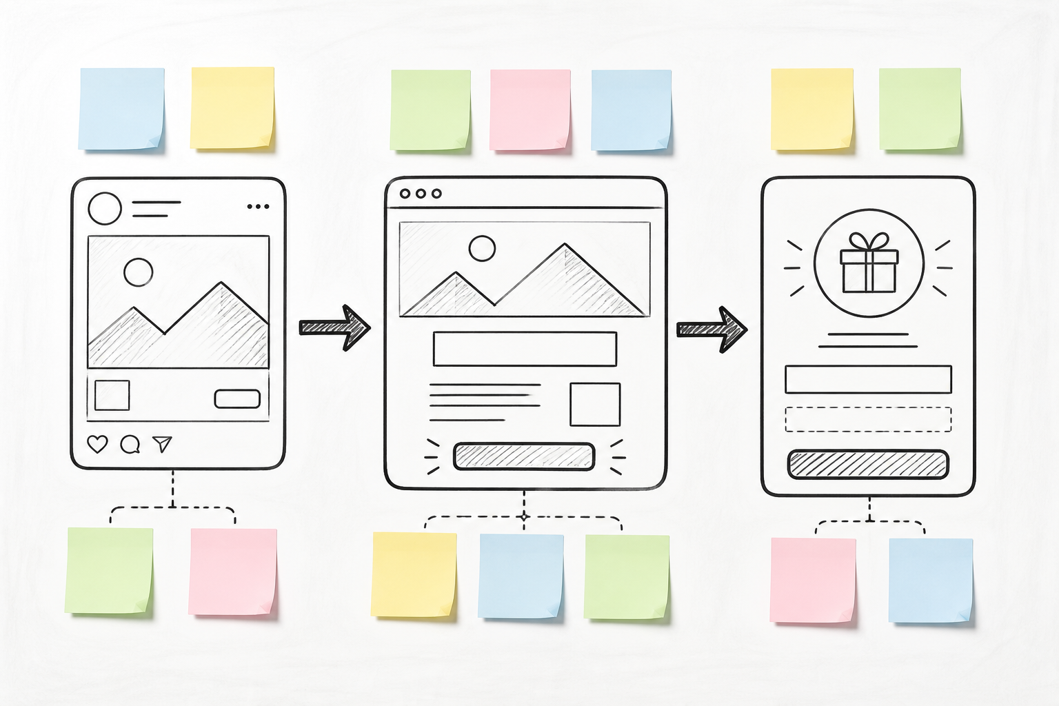 Illustration: A hand-drawn style whiteboard sketch of a marketing funnel hypothesis with sticky notes and arrows connecting ad, landing page, and offer stages. Alt text: "Whiteboard sketch of a hypothesised competitor funnel with sticky notes. for How to Reverse-Engineer a Competitor's Ad Funnel