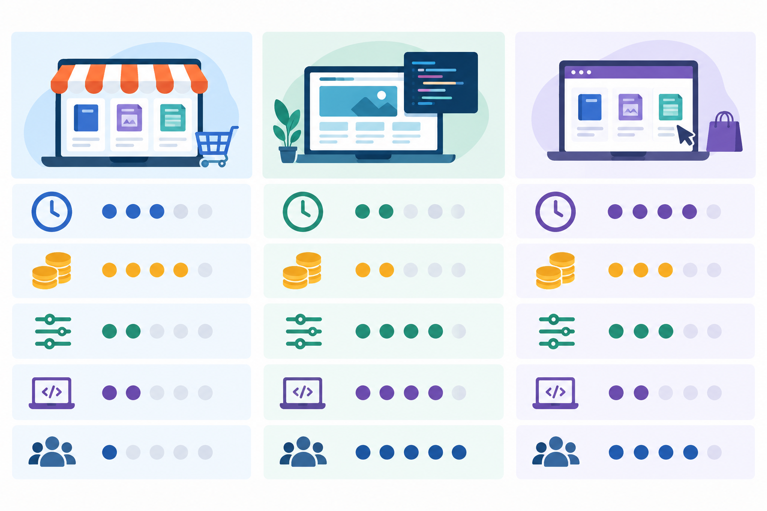 Comparison: Three-column comparison graphic of marketplace, custom-built website and simple online store builder, rated on setup time, fees, brand control, technical skill and customer ownership for How to Sell Digital Downloads: eBooks, Templates & More