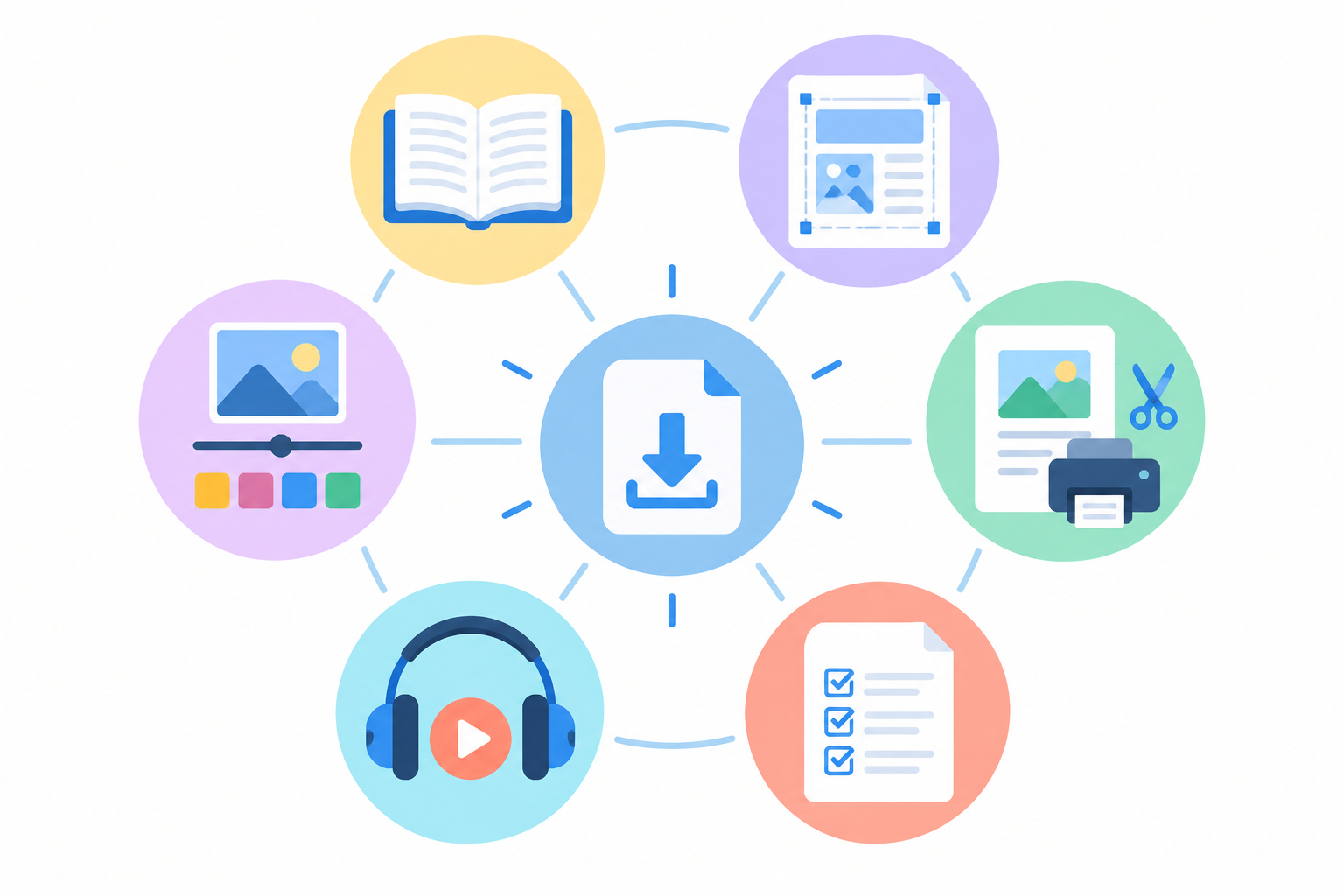 Infographic: Colourful infographic showing six categories of digital downloads (ebooks, templates, printables, presets, audio/video, worksheets) as simple icons around a central 'Digital Download' label, clean modern style for How to Sell Digital Downloads: eBooks, Templates & More