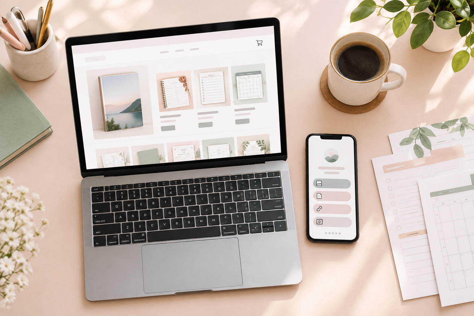 Illustration: Bright, modern flat-lay of a laptop showing a clean product page for an ebook and planner template, beside a coffee cup, phone with a link-in-bio page, and printed template mockups on a soft pastel desk, warm natural light, friendly creator-workspace vibe, no text overlays for How to Sell Digital Downloads: eBooks, Templates & More