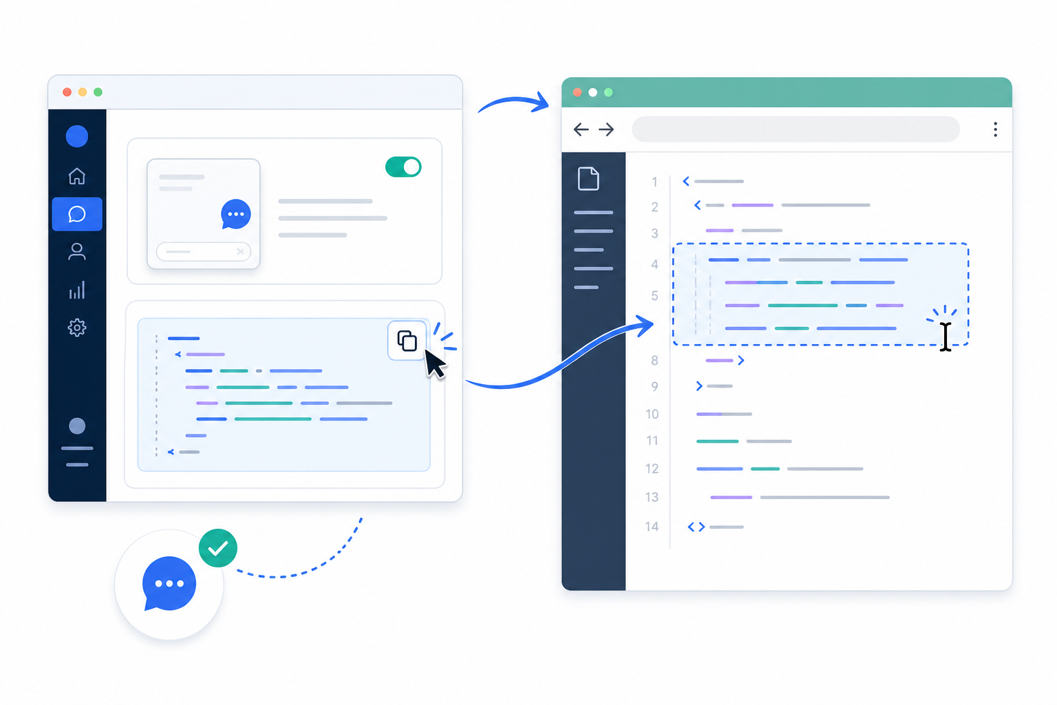 Illustration: A simple screenshot-style illustration showing a code snippet being copied from a dashboard and pasted into a website's HTML header, with arrows indicating the copy-paste flow. Alt text: "Copying a live chat widget code snippet from a dashboard and pasting it into a website's HTML header. for How to Set Up a Live Chat Widget in Under 5 Minutes