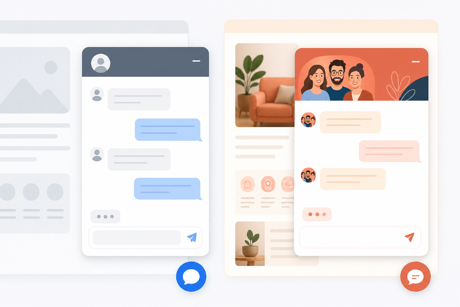 Comparison: A side-by-side comparison of a default chat widget versus a customised chat widget with brand colours, a custom greeting, and a team photo. Alt text: "Default chat widget compared with a customised chat widget showing brand colours, a personal greeting, and a team photo. for How to Set Up a Live Chat Widget in Under 5 Minutes
