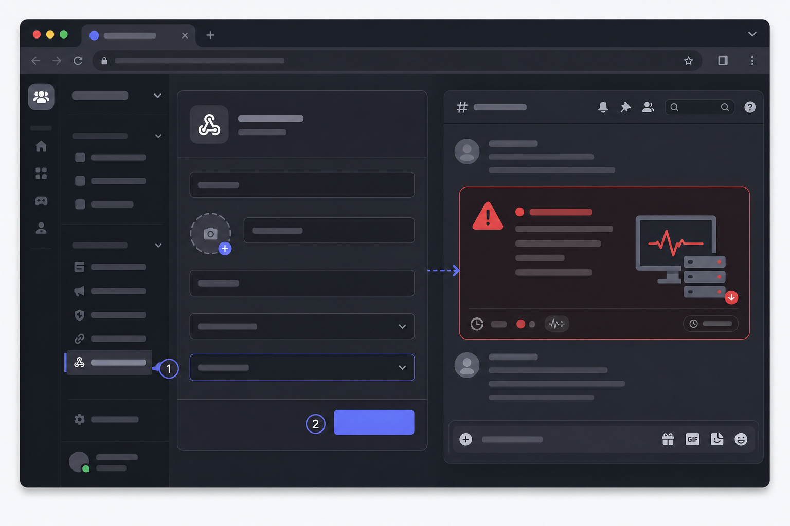 Illustration: style mockup showing Discord server settings with a webhook creation panel and a sample downtime alert message posted in a Discord channel for How to Set Up Slack and Discord Alerts for Client Downtime