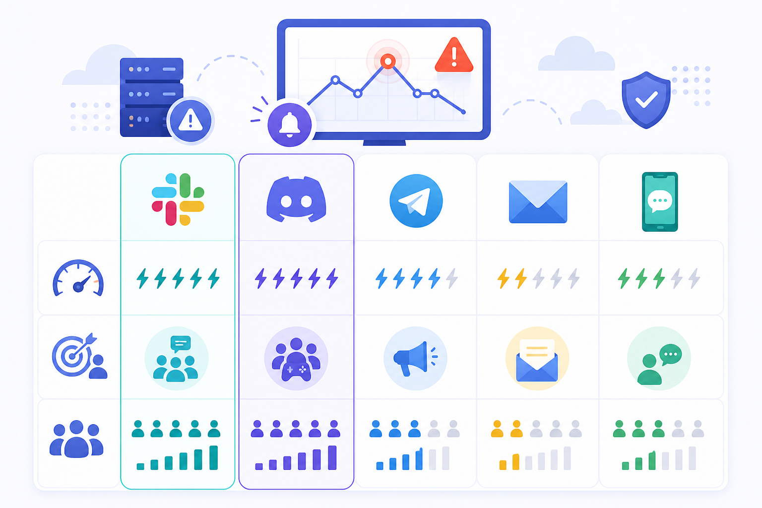 Comparison: Comparison table graphic listing Slack, Discord, Telegram, Email, and SMS as alert channels with columns for speed, best use case, and team visibility for How to Set Up Slack and Discord Alerts for Client Downtime
