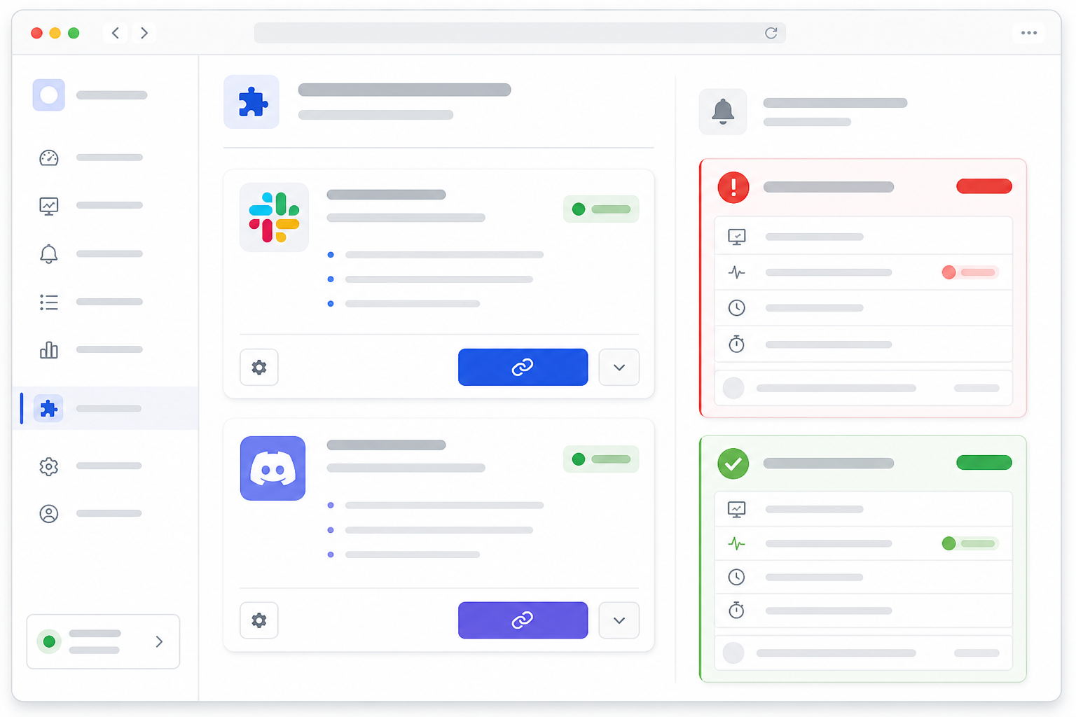 Illustration: style mockup of a monitoring dashboard integrations page showing a 'Connect to Slack' button and a sample Slack alert message with monitor name, status, and response time for How to Set Up Slack and Discord Alerts for Client Downtime