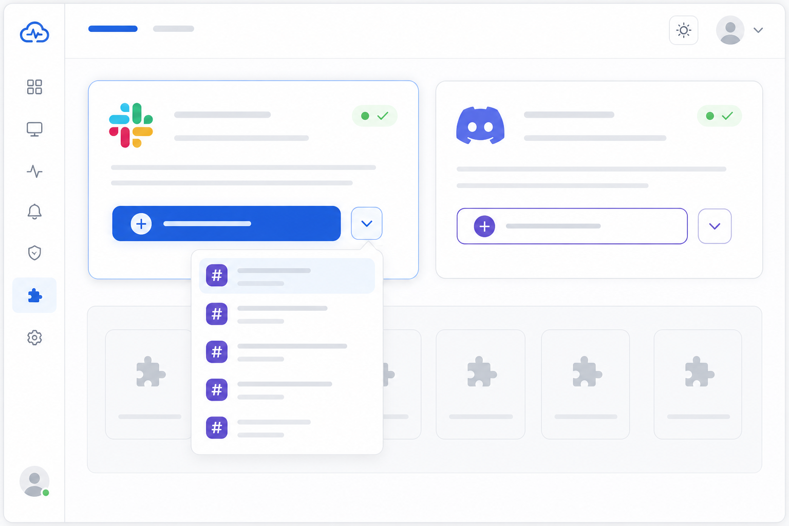 Illustration: style mockup of a monitoring dashboard's integrations page showing a 'Connect to Slack' button and a dropdown to select a channel, clean SaaS UI design for How to Set Up Slack and Discord Alerts for Downtime Incidents