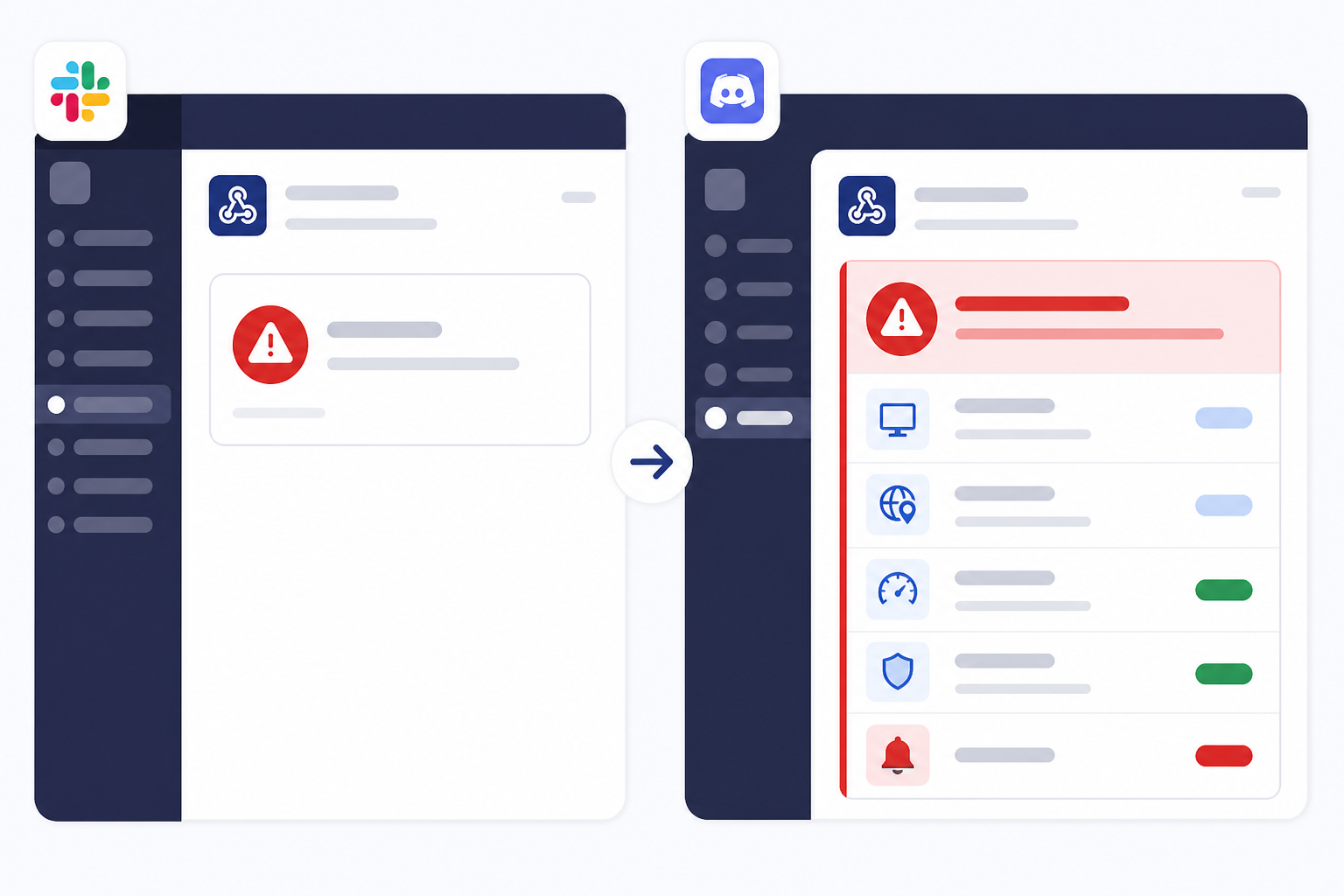 Comparison: Side-by-side comparison graphic showing a generic bare-bones downtime alert message versus a customized alert message with monitor name, region, response time, and status color coding for How to Set Up Slack and Discord Alerts for Downtime