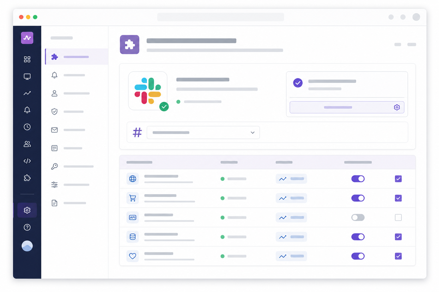 Illustration: style mockup of a monitoring dashboard's Slack integration settings page, showing workspace authorization, channel selection dropdown, and a list of monitors being assigned to the integration for How to Set Up Slack and Discord Alerts for Downtime