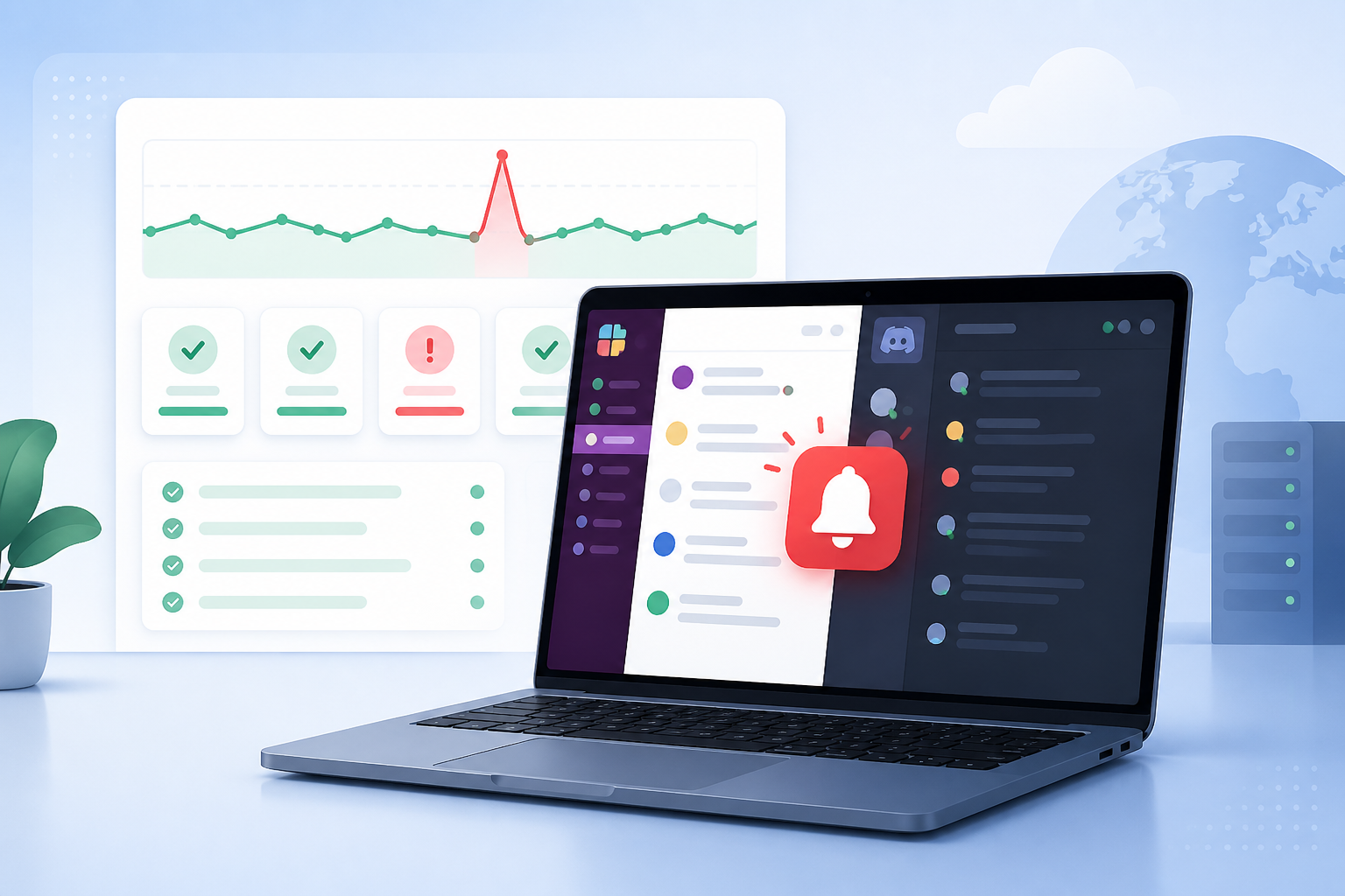Illustration: Header graphic showing a laptop screen with a Slack channel displaying a red downtime alert notification, alongside a monitoring dashboard in the background for How to Set Up Slack and Discord Alerts for Downtime
