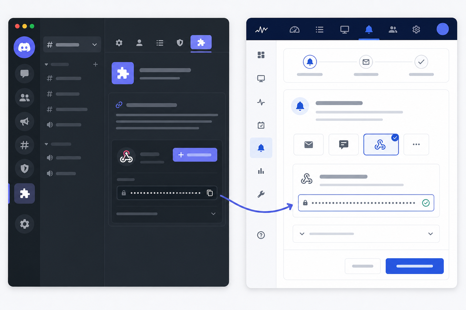 Illustration: style mockup of Discord's Channel Settings Integrations page showing the 'Create Webhook' button and a copied webhook URL field, alongside a second panel showing that URL pasted into a monitoring tool's alert settings for How to Set Up Slack and Discord Alerts for Downtime