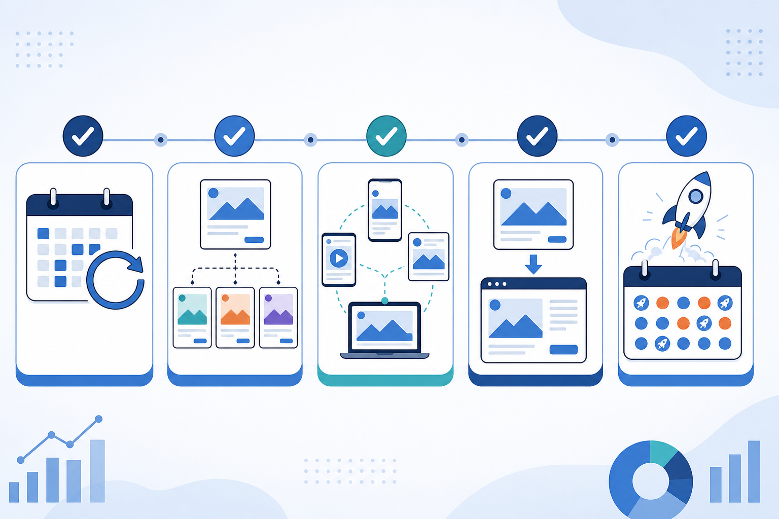 Infographic: A simple infographic showing five icons representing ad longevity, creative multiplication, cross-platform presence, landing page consistency, and launch frequency, arranged as a checklist for How to Spot a Competitor's Winning Ad Before It Scales