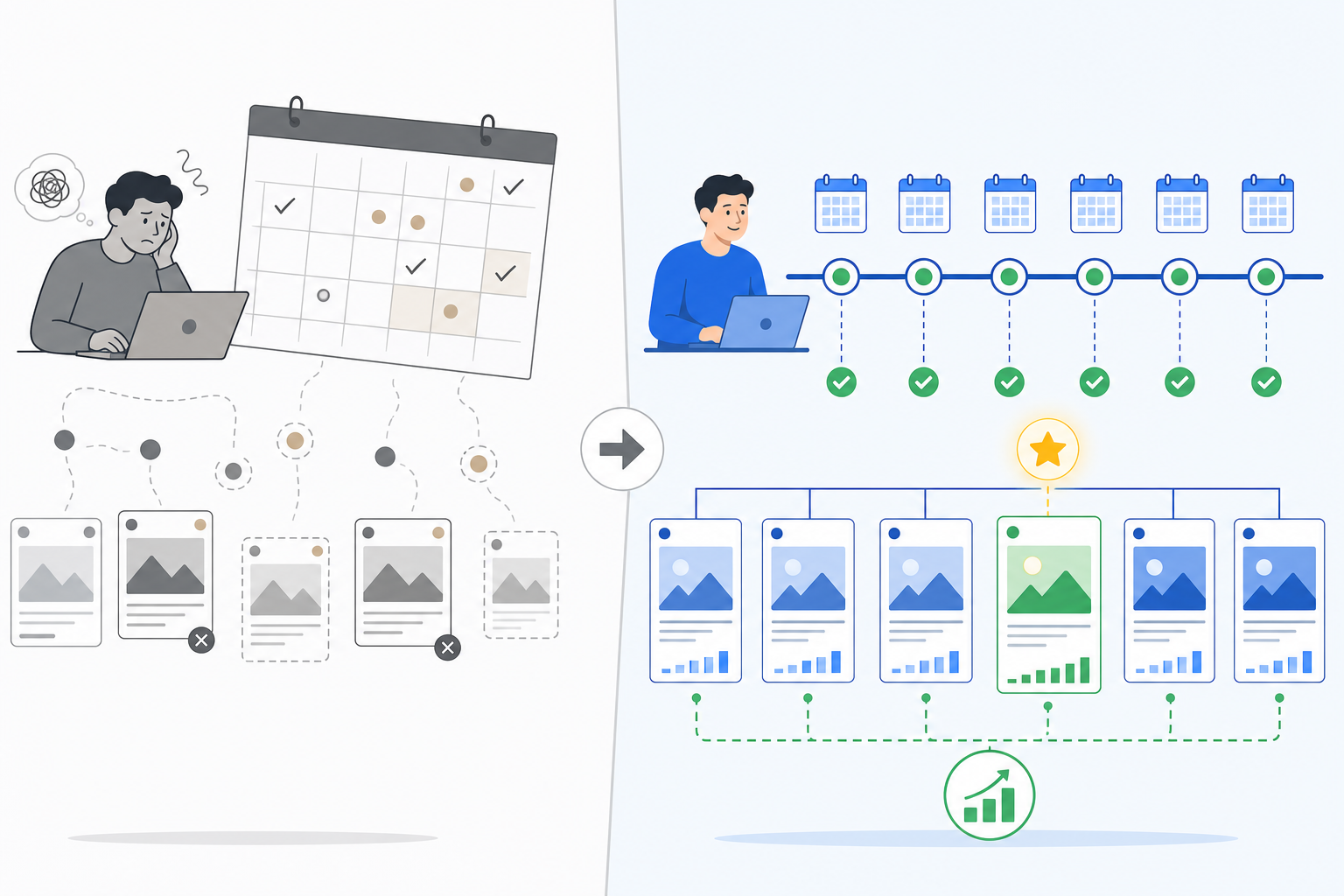 Diagram: A split-screen style diagram showing 'Manual Check' with a scattered, inconsistent calendar versus 'Weekly Monitoring' with a clean, consistent weekly timeline and diff highlights for How to Spot a Competitor's Winning Ad Before It Scales