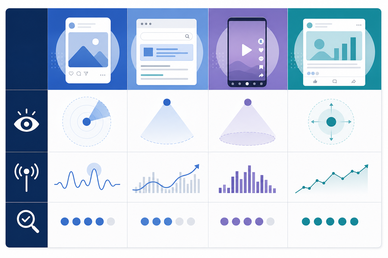 Comparison: A comparison table graphic showing four columns for Meta, Google, TikTok, and LinkedIn ad libraries with rows for visibility type, typical signal, and reliability level for How to Spot a Competitor's Winning Ad Before It Scales