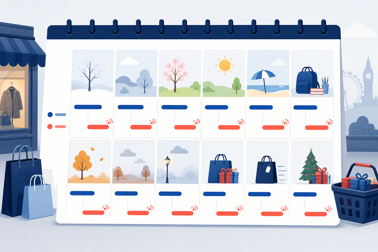 Illustration: A calendar mockup for a UK retail year with competitor promo windows marked in one colour and the brand's own planned promo launches marked slightly earlier in a contrasting colour for How to Track Competitor Promotions and Flash Sales Automatically