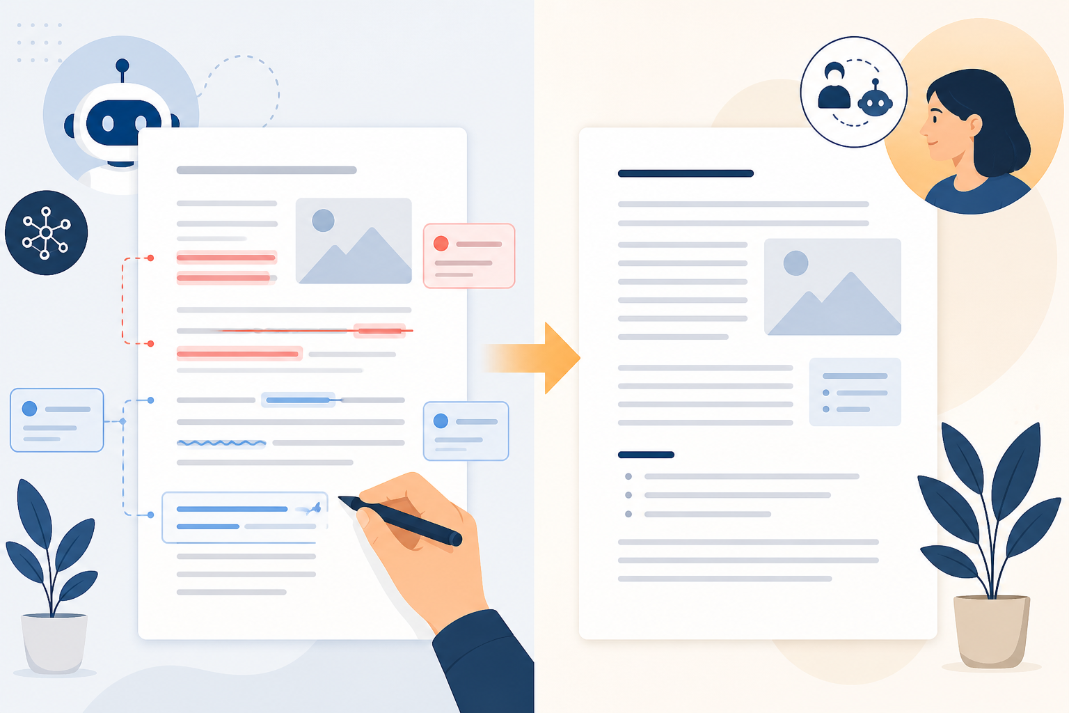 Comparison: A side-by-side comparison graphic showing an AI-generated draft with tracked edits versus a polished final version, representing the human review and refinement process for How to Train AI Writing Tools to Sound Like You