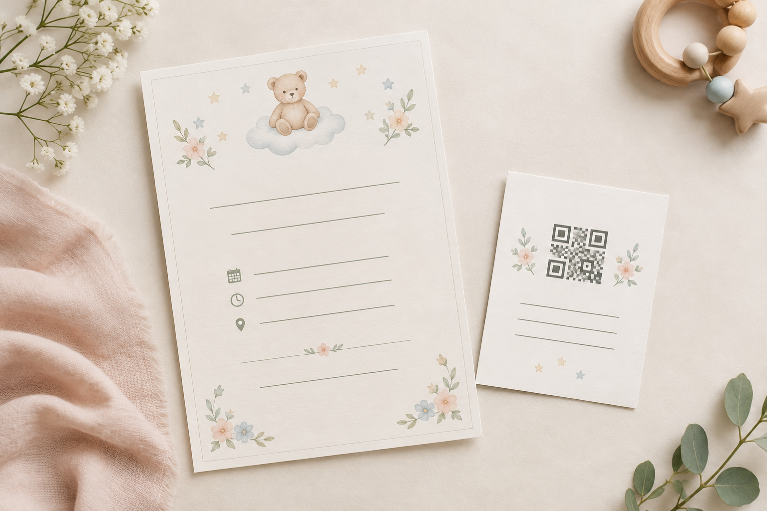 Illustration: A clean mock-up of a printed baby shower invitation with a small registry insert card and QR code, showing where the registry line sits below the date, time and venue, with soft pastel colours for How to Word Baby Shower Invitations When You Have a Registry