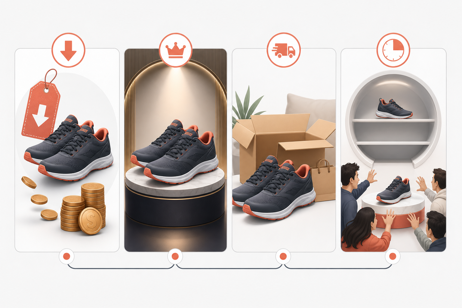 Diagram: A simple side-by-side diagram showing one product (e.g. a pair of running shoes) with four different ad mockups, each highlighting a different angle: price-saving, status, convenience, and FOMO for How Top Performance Marketers Find Winning Ad Angles