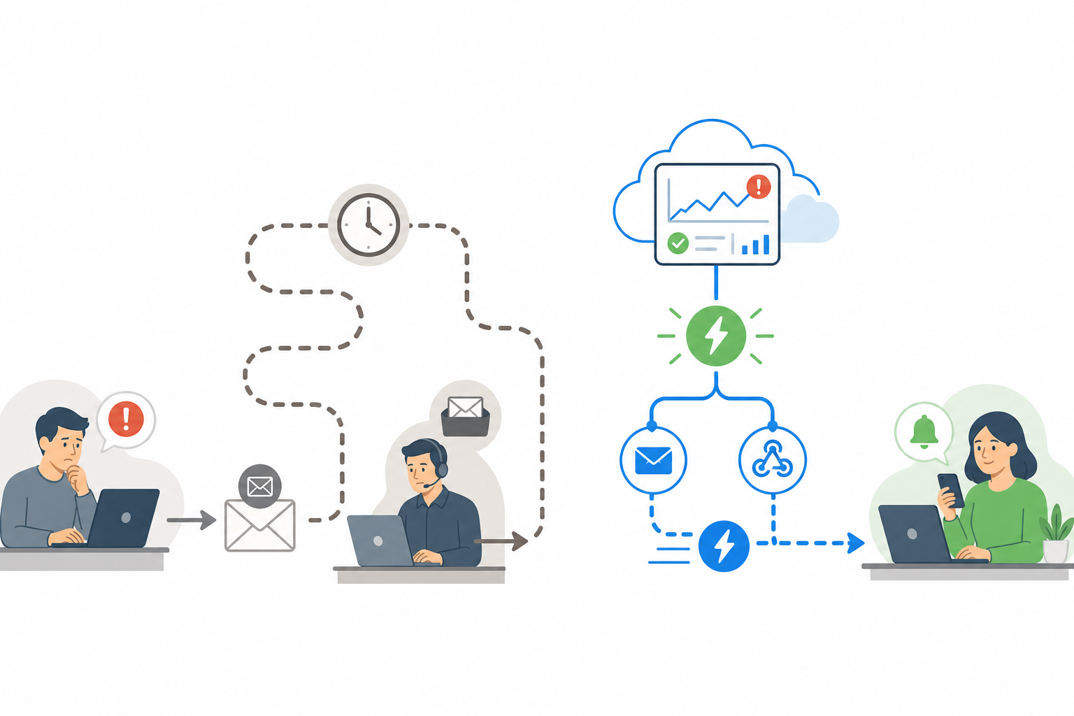 Diagram: A side-by-side comparison diagram showing two paths: 'Reactive Support' with a customer emailing and waiting, versus 'Proactive Notification' with an automatic email/webhook alert sent instantly to a subscribed customer for How Transparent Status Pages Reduce Support Ticket Volume