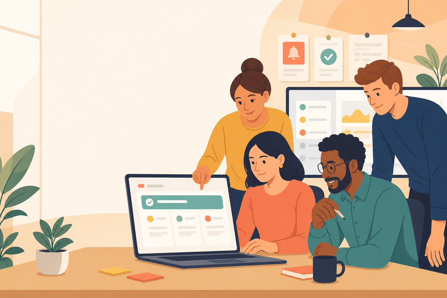 Illustration: A friendly illustration of a small team collaborating around a laptop customizing a status page template, warm color tones, casual office setting for Incident Communication Templates Every SaaS Team Should Have