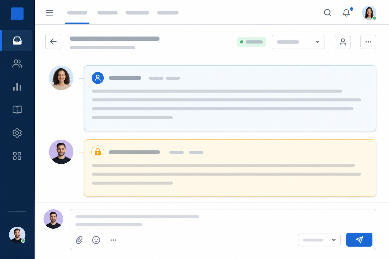 Illustration: style mockup of a shared inbox ticket view showing a public customer reply and a clearly distinct internal note below it with different background colour and a lock icon. Alt text: "Shared inbox ticket showing a customer-facing reply next to a visually distinct internal note with a lock icon for Internal Notes 101: Collaborate on Tickets Without Confusion