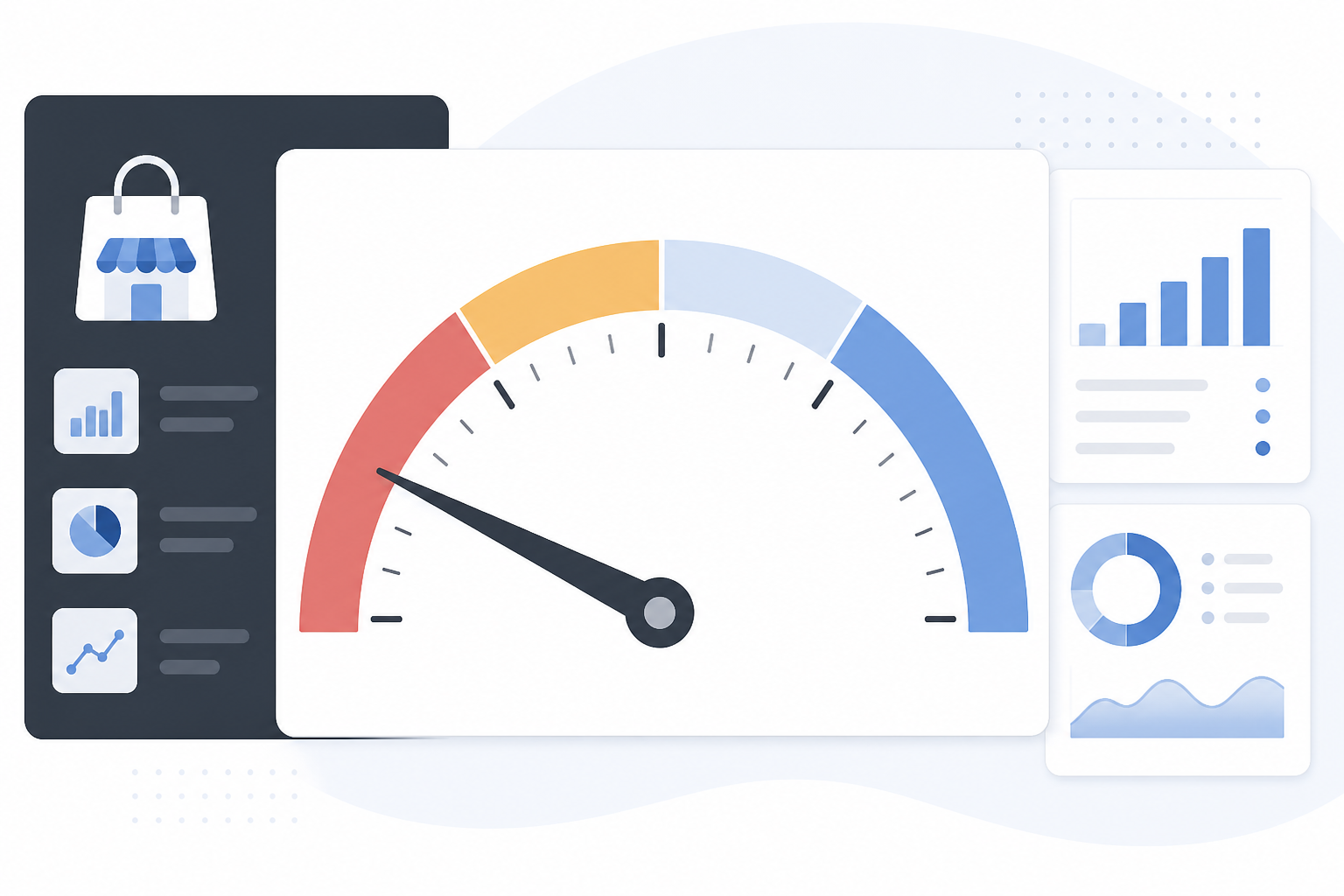 Infographic: A simple dashboard-style graphic showing a visibility score gauge from 0-100 with a needle pointing to a low score around 20, labelled 'AI Visibility Score', minimalist infographic style. Alt text: Illustrative AI visibility score gauge showing a low score, based on one tool's scoring methodology rather than an industry-wide standard. for Is Your Store Excluded From AI Shopping Shortlists?